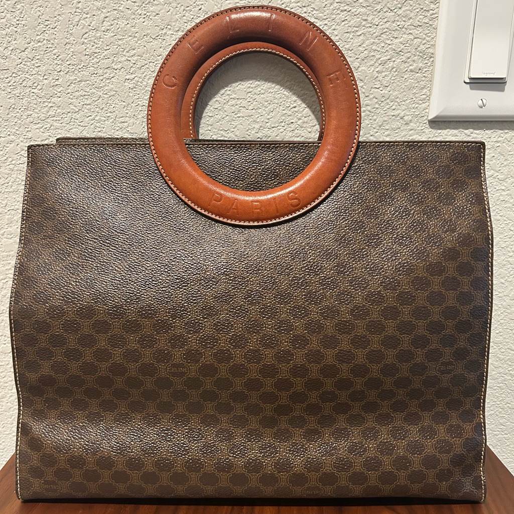 Celine Brown Macadam Top Handle Tote With Tan Leather Circular Handles